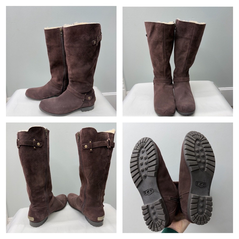 Ugg Jillian II Tall Brown Leather Suede Sheepskin Lined Boots Women's 9.5